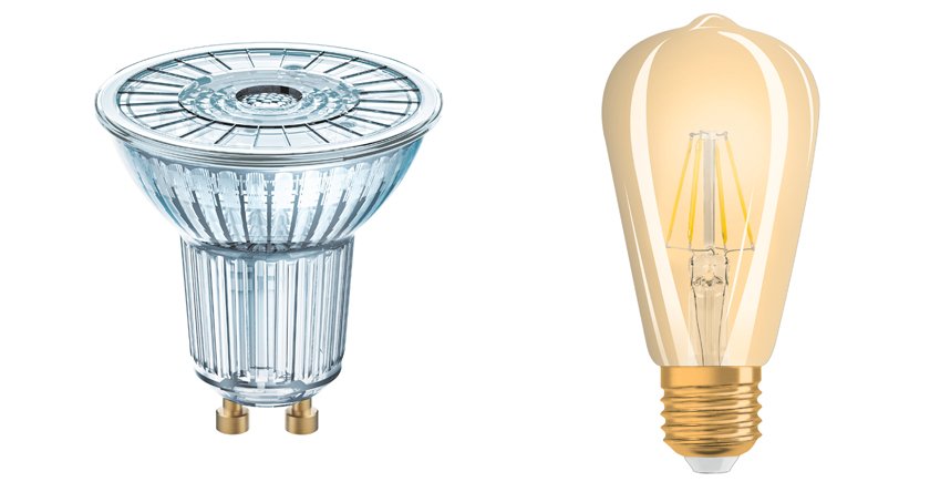 Lámpara Led reflectora PAR16 (izda.) y modelo Led Vintage 1906 Edison.