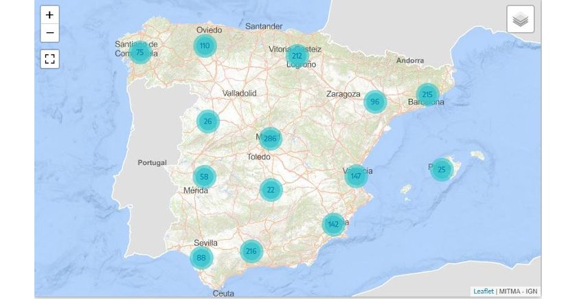 En el mapa están indicados todos esos puntos en el entorno de las principales autovías y carreteras españolas.