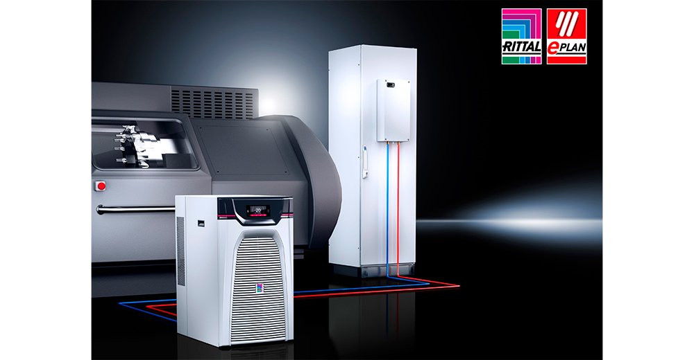 Refrigeración de una máquina para el mecanizado de herramientas combinada con una refrigeración de armario de distribución mediante un Blue e+ chiller, de Rittal.