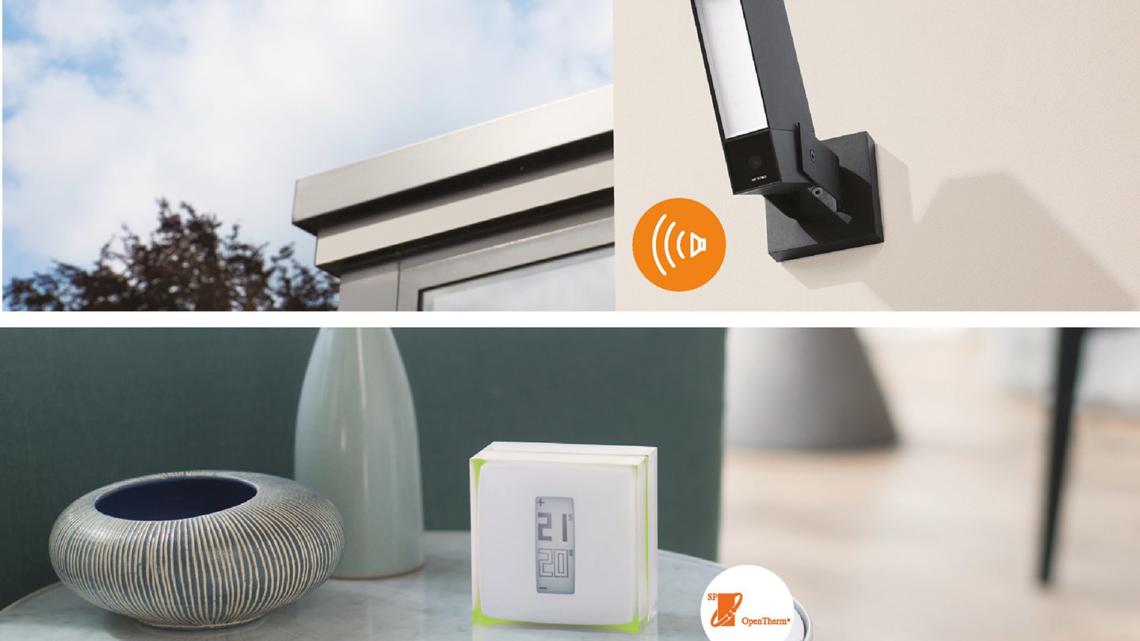 Cámara exterior inteligente con iluminación incorporada (arriba) y nuevo termostato inteligente Open Therm OTH-PRO.