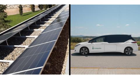 Algunas de las placas solares instaladas y el Lumen, el vehículo eléctrico fúnebre.