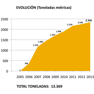 Gráfico que muestra la evolución de los resultados de Ambilamp desde 2005, inicio de su actividad, hasta 2013.