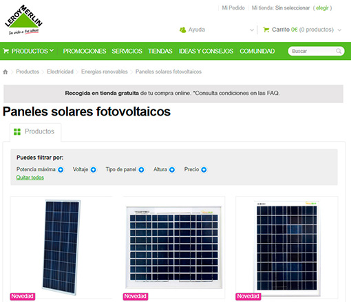Leroy Merlin ya tiene a la venta en su página web materiales para paneles solares y otros productos para autoconsumo.