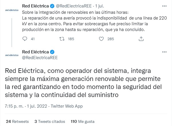 Red Eléctrica respuesta polémica molinos eólicos parados