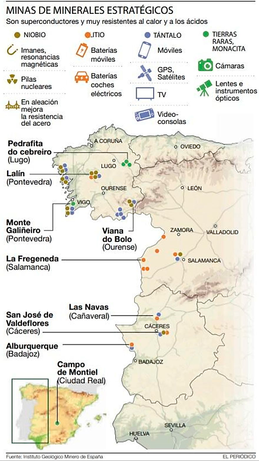 Mapa oeste de España con minerales estratégicos