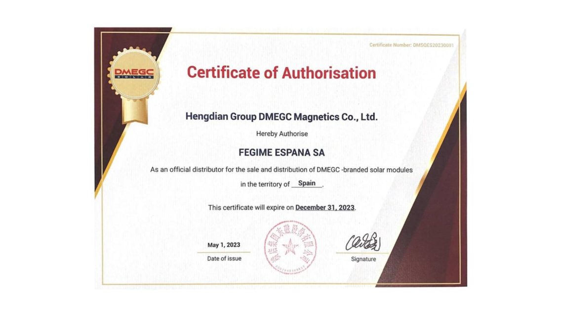 Fegime España obtiene el certificado como distribuidor oficial del fabricante DMEGC Solar.